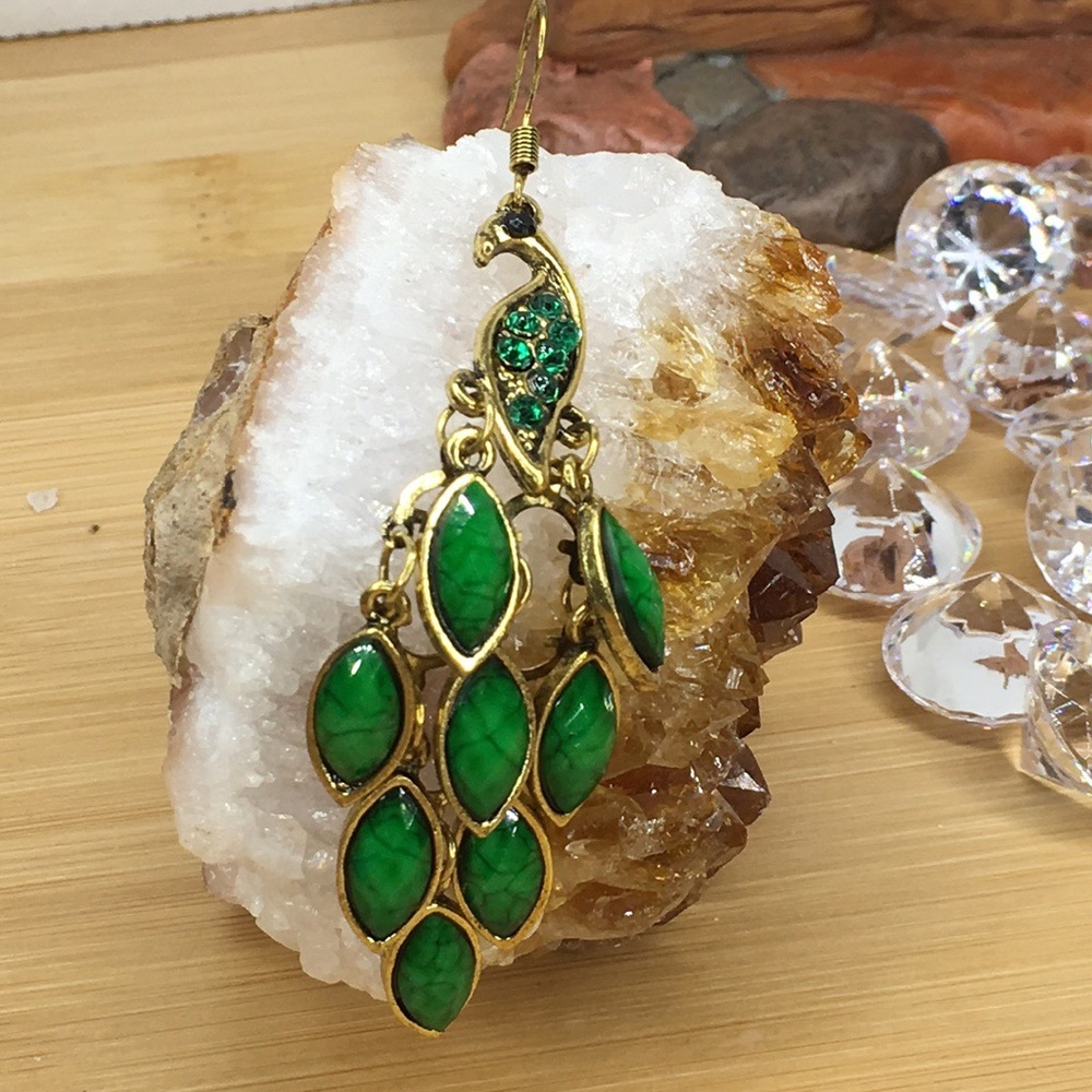 Green Peacock Earrings - Picture 2 of 11
